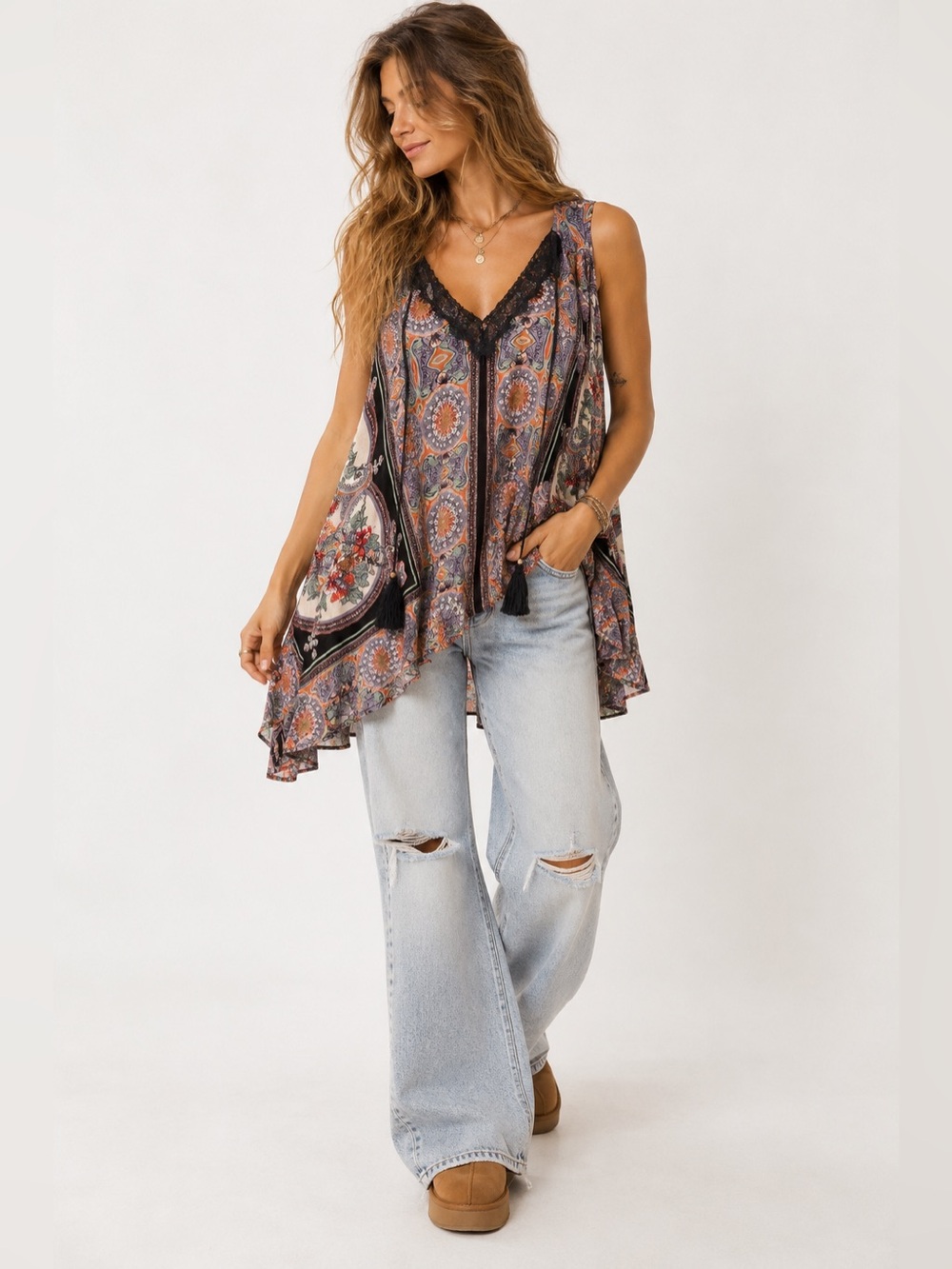 Angie Multi-Color Paisley Floral Lace-Trim Handkerchief Hem Tank
